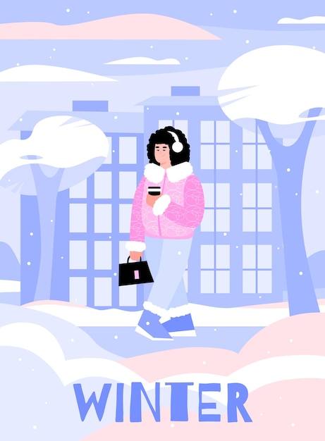 Inverno com garota de desenho animado andando com café para viagem na neve.