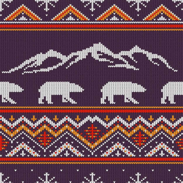 Vetor inverno, tricotado, padrão lã, com, polar, ursos, e, snow-capped, montanhas