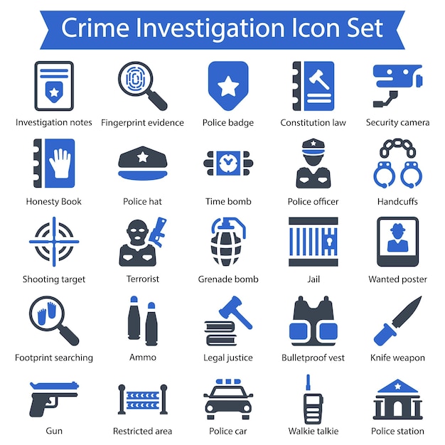 Investigação de Crimes Set de Ícones Azul