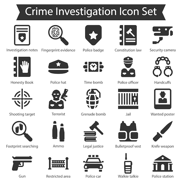 Investigação de Crimes Set de Ícones Negros