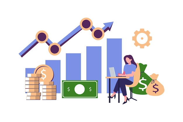 Vetor investimento e análise de dinheiro lucros investidor sentado em uma pilha de moedas empregado fazendo planos de investimento calculando benefícios no laptop financiamento de investimento lucrativo poupança de consultoria financeira