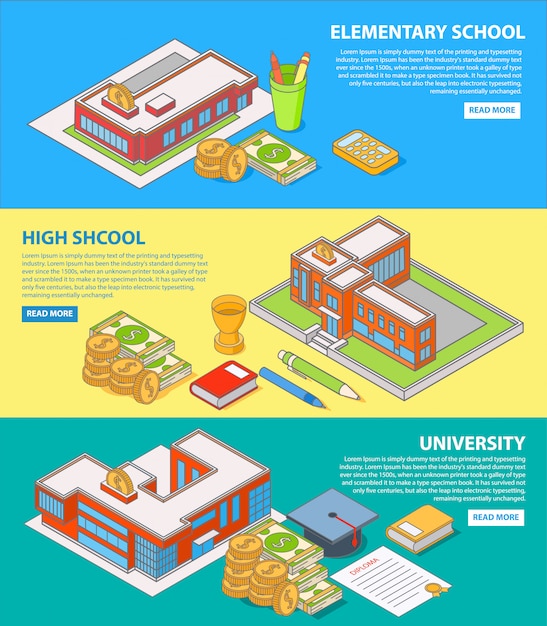 Investimento em educação conceito plana isométrica banner horizontal definido