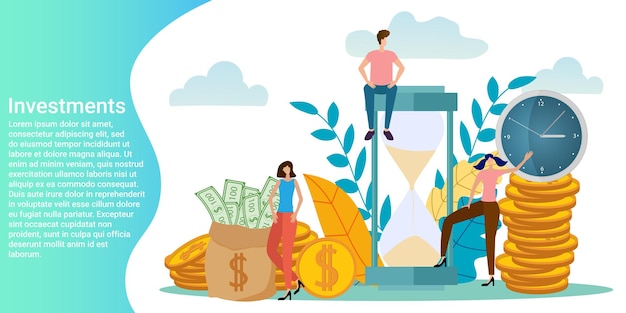 Investimentos e controle de tempo Pessoas no fundo de horas e dinheiro estão engajadas