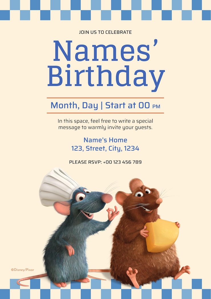 Vetor invitação de aniversário de ratatouille