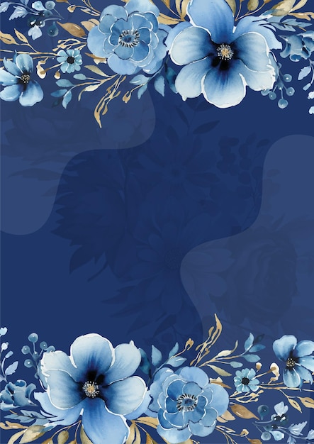 Invitação moderna de aquarela de fundo azul com floral e flor