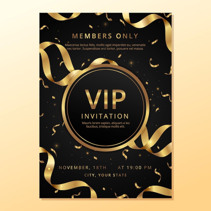 Vetor invitação vip dourada de luxo modelo premium preto e dourado com luzes bokeh e confete dourado