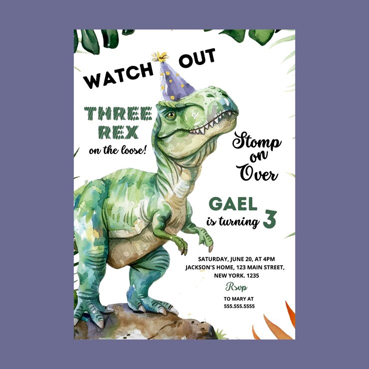 Vetor invitado de aniversário do dinossauro da selva threerex
