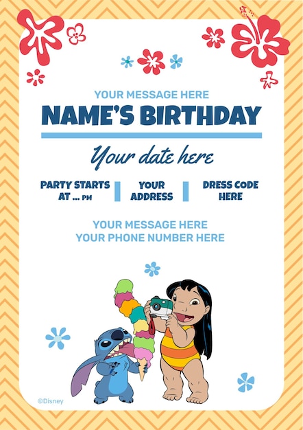Invitatório de festa de aniversário de Lilo e Stitch desenhado à mão.