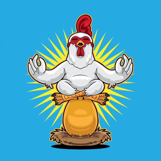 Vetor ioga de galinha feliz acima de ovo de ouro