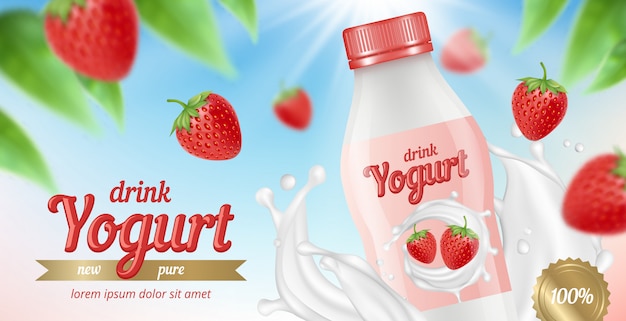 Iogurte publicitário. Cartaz com pacote de iogurte de frutas leite e creme espirra imagens de vetor de sobremesas alimentos saudáveis