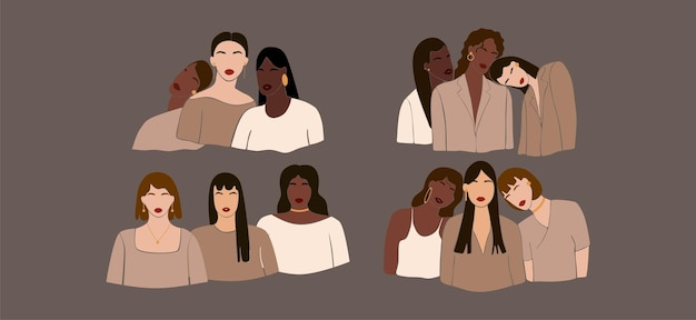 Vetor irmandade de mulheres abstratas em estilo minimalista em um fundo branco um conjunto de retratos de mulheres diferentes combinados uma coleção de diversidade e amizade ilustração vetorial moderna