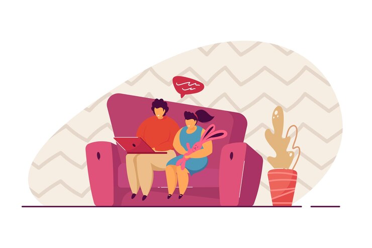 Vetor irmão e irmã sentados no sofá e usando o laptop. ilustração em vetor plana. menino e menina, tendo o bate-papo por vídeo com a família. conceito de tecnologia moderna para banner, design de site ou página de destino da web