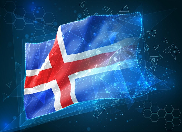 Islândia, bandeira de vetor, objeto virtual 3D abstrato de polígonos triangulares em um fundo azul