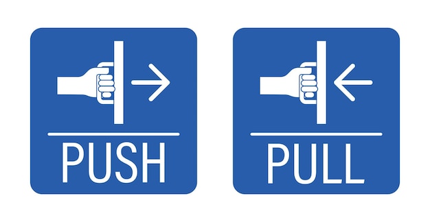 Isolado azul empurrar puxar porta entrar e sair porta porta sinal de rótulo com ilustração mão segurando doo