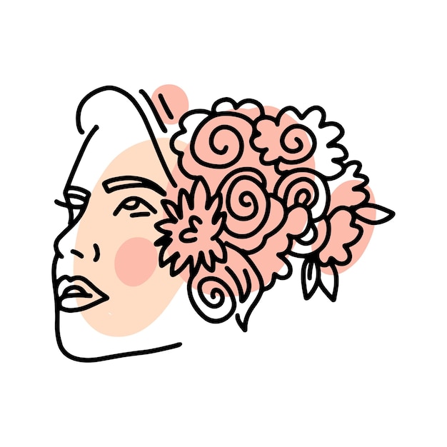 Isolado cabeça feminina abstrata com flores no cabelo desenho de linha rosto de mulher com vetor de grinalda floral.