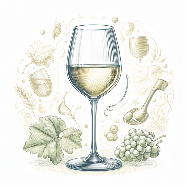 Isolado vidro moderno uvas frescas frutadas deliciosas vinho branco ilustração vetorial desenho de ícone