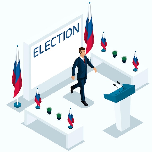 Vetor isometria é um homem presidente votando eleições debate gestos de candidatos slogans