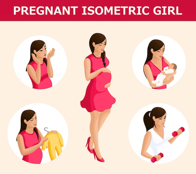 Isometria qualitativa, um conjunto de gestantes em diferentes situações, com gestos emocionais, base para infográficos