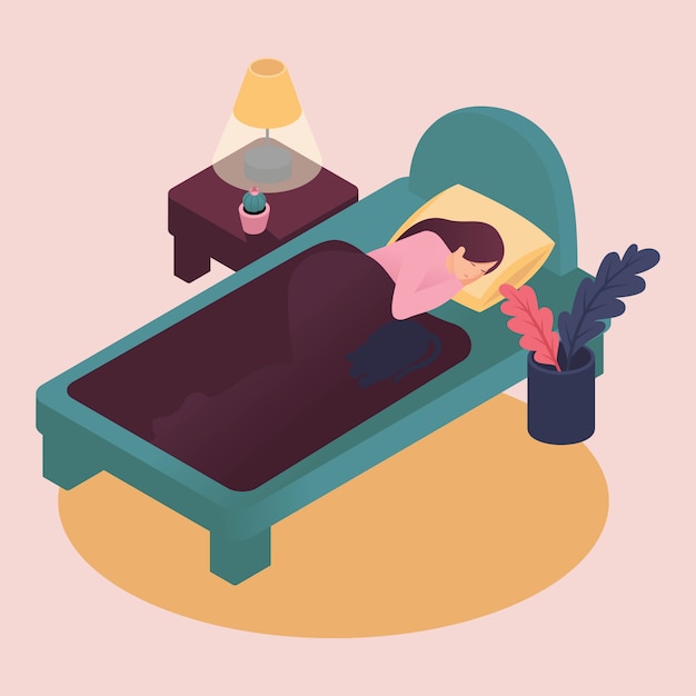 Isométrica jovem dormindo sozinha na cama em casa com gato cuidando do animal de estimação. Ilustração de cor em estilo simples