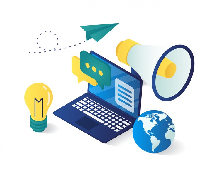Isométrico da composição da estratégia de marketing digital