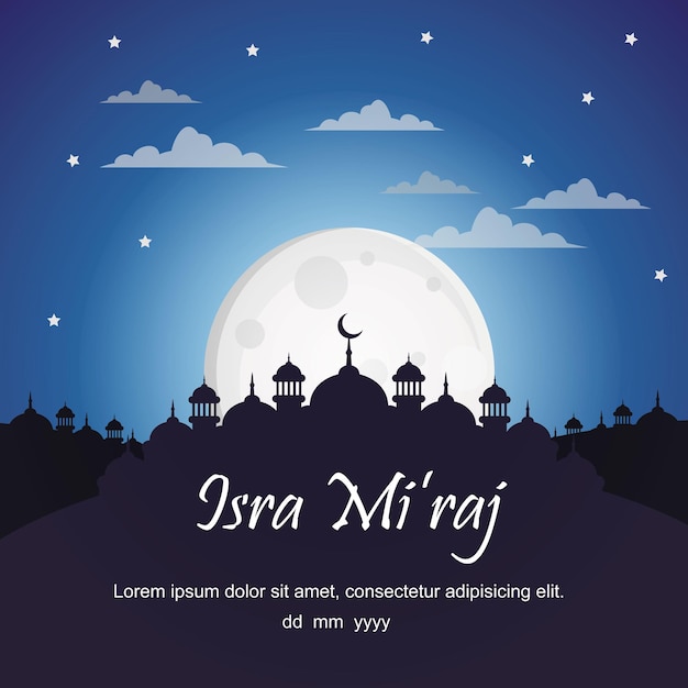 Isra miraj dia saudação design de fundo quadrado grande lua à noite