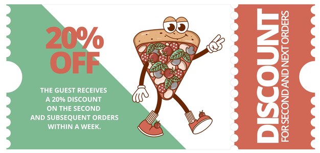 Italiano fast food peça personagem pizza cupom promoção desconto banner voucher de presente cores retro estilo plano ilustração vetorial