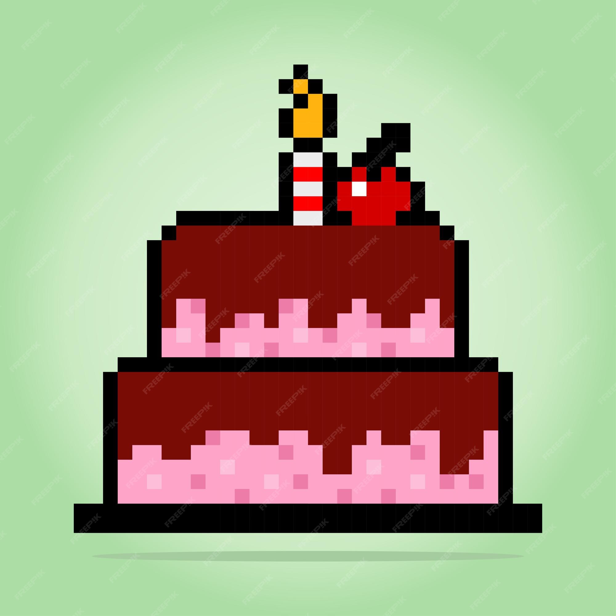 Bolo de aniversário de 8 bits pixel. item de comida para ativos de