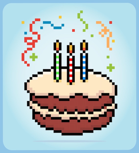 Item de comida de bolo de aniversário de pixel de 8 bits para ativos de jogo em ilustração vetorial