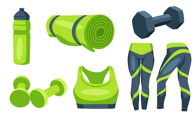 Itens de fitness. halteres para esportes. roupa de treino, tapete, garrafa de água. estilo de desenho animado.