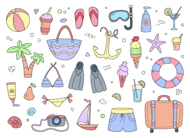 Itens de guarda-roupa para férias de verão para viajar e relaxar na praia Desenho linear cor pastel
