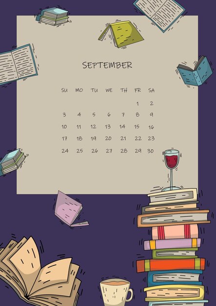 Itens de livros da página do calendário de setembro de 2023