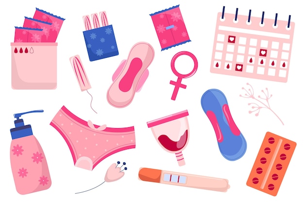Itens de produtos de higiene feminina definem o conceito no estilo de desenho animado elementos de higiene feminina