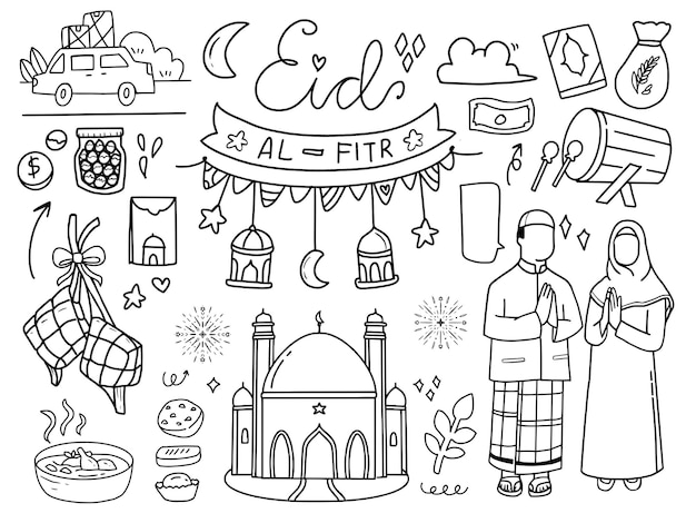 Itens muçulmanos de eid al-fitr definidos em estilo de linha