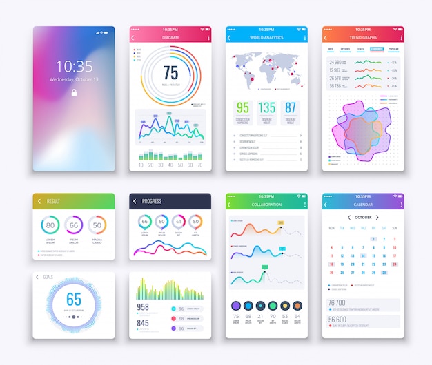 Iu do smartphone. ui gráfico móvel e ux, aplicativos digital lifestyle apps interface modelo definido no estilo branco