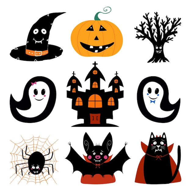 Jack o lanterna, chapéu de bruxa, árvore seca, fantasma, castelo, morcego, gato, aranha. Conjunto de personagens de Halloween.