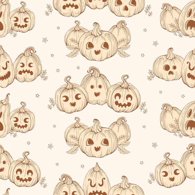 Jackolantern vintage halloween pattern abóboras em estilo desenhado à mão com rostos assustadores e engraçados em um fundo bege folhas e estrelas para fundo de embalagem de impressão de papel de parede