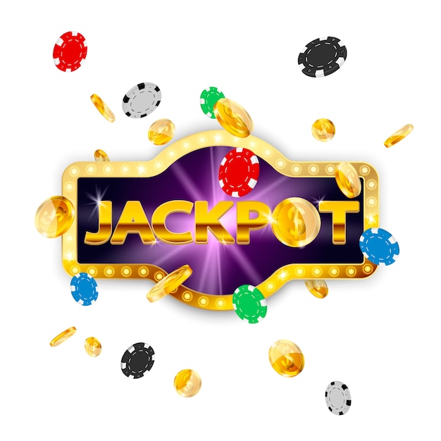 Jackpot de tabuleta retrô. Moedas caindo e fichas de pôquer.