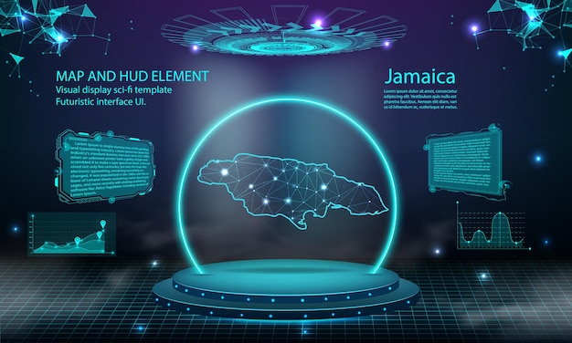 Jamaica mapa luz conectando efeito fundo abstrato tecnologia digital UI GUI futurista HUD Virtual Interface com mapa da jamaica Palco pódio futurista no nevoeiro