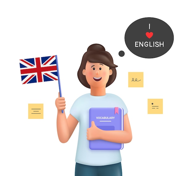 Jane, jovem, estudando inglês, conceito de aprendizagem de inglês, ilustração de personagens 3d