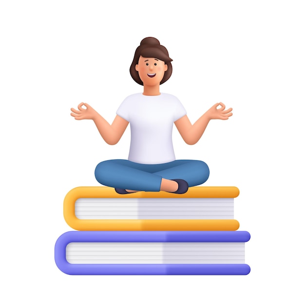 Jane mulher meditando sentada em postura de lótus de ioga com gestos sábios em grande pilha de livros didáticos