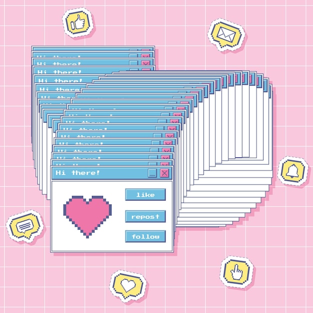 Janela congelada com coração de pixel art e botões de interface de usuário retrô adesivos de ícones de pixel comentam como mensagem de sino de coraçãoestética y2k nostálgica de um computador antigo ilustração vetorial em rosa