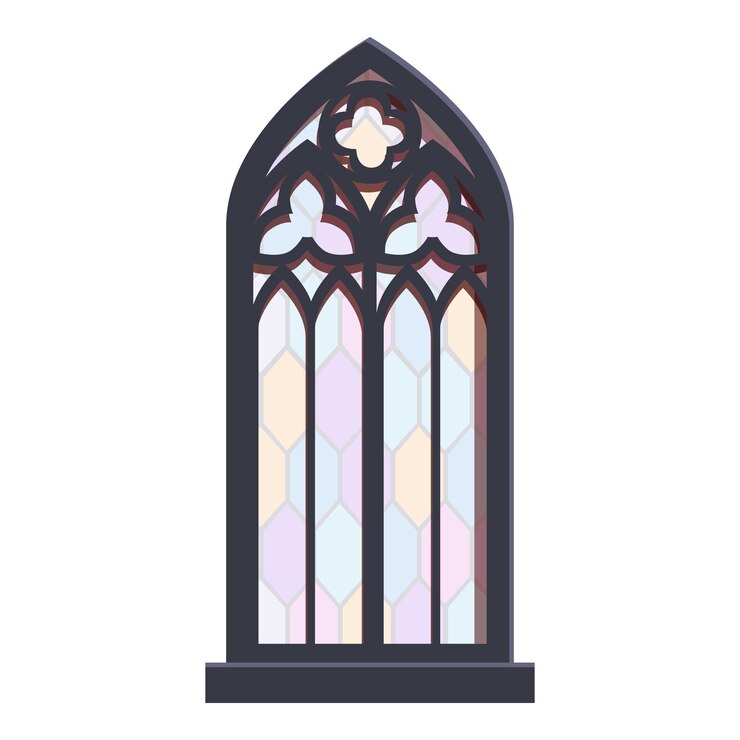 Vetor janela de arco pontiagudo gótico com vitrais de chumbo mostrando cores claras