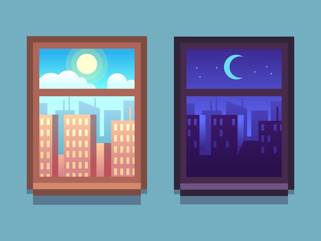 Janela de dia e noite. Arranha-céus dos desenhos animados à noite com lua e estrelas, em dia com o sol dentro de janelas em casa.