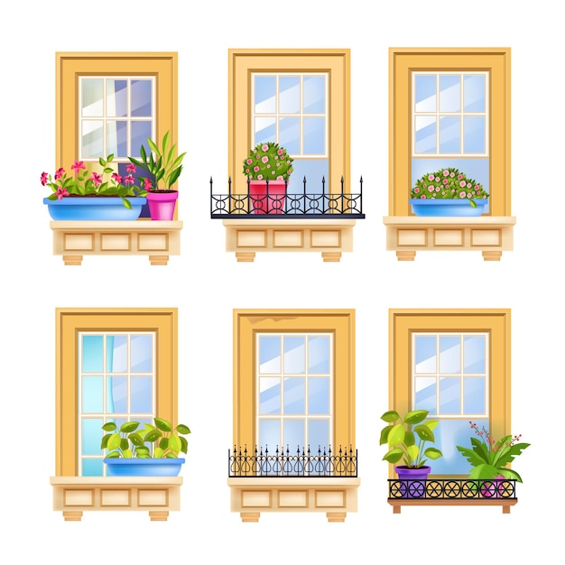 Vetor janela de fachada de casa com plantas caseiras, rosas, moldura de madeira, grades de ferro.