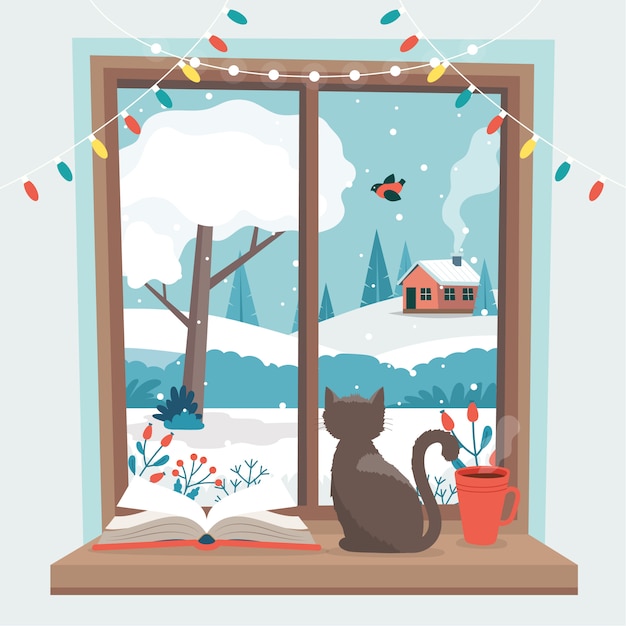 Janela de inverno, com um gato, um livro e uma xícara de café no peitoril.