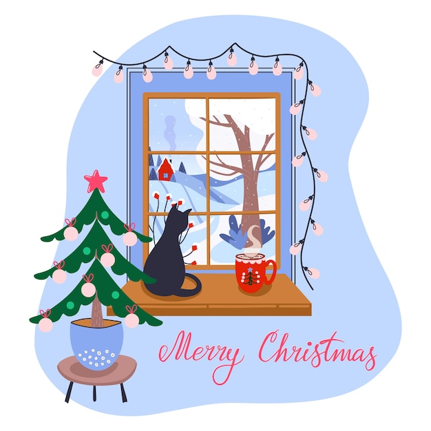 Janela de Natal com gato de paisagem de inverno sentado no parapeito da janela Decorações de férias de inverno