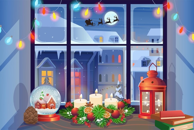 Janela de Natal com paisagem de inverno Fachadas de casas no inverno à noite Feliz Natal