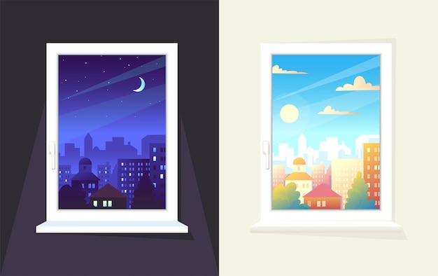 Janela diurna e noturna Vista do sol da manhã e hora da lua Fonte da cidade Edifício da casa Paisagem do apartamento Centro da cidade Panorama noturno e diurno Paisagem da cidade Conceito vetorial