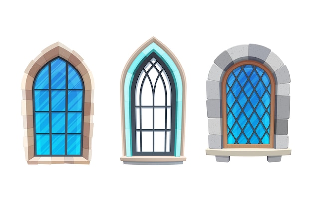Vetor janela do interior do castelo ou fortaleza medieval. elemento externo de igreja, catedral ou templo, arquitetura gótica, construção de janelas em arco de vetor de desenho animado com metal, molduras de madeira e alvenaria de pedra