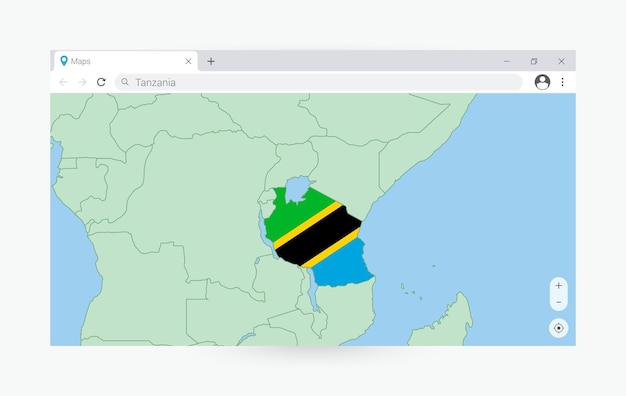 Vetor janela do navegador com mapa da tanzânia pesquisando a tanzânia na internet